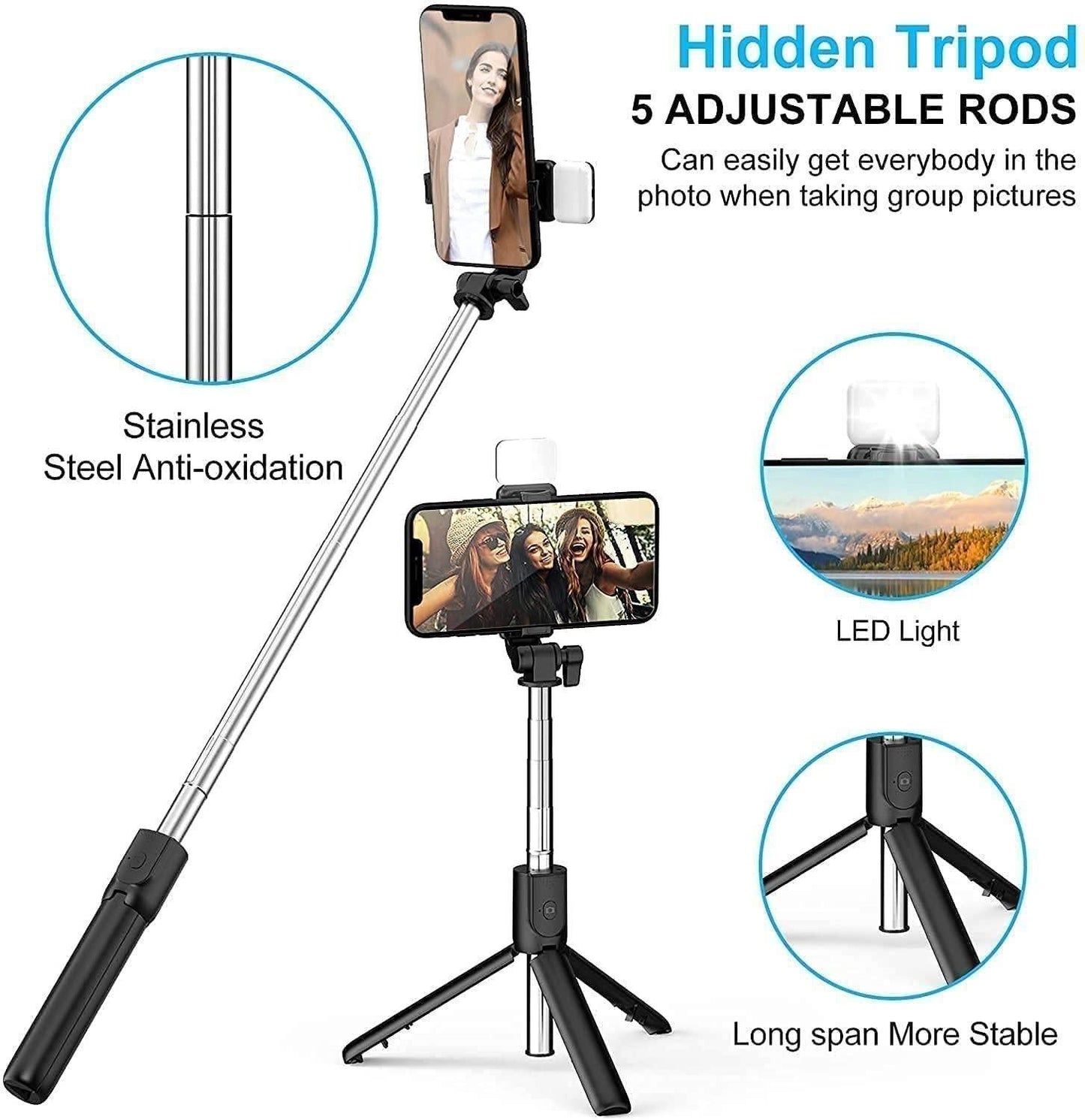 Extendable Flash 3-in-1 Selfie Stick Tripod with Bluetooth Remote™